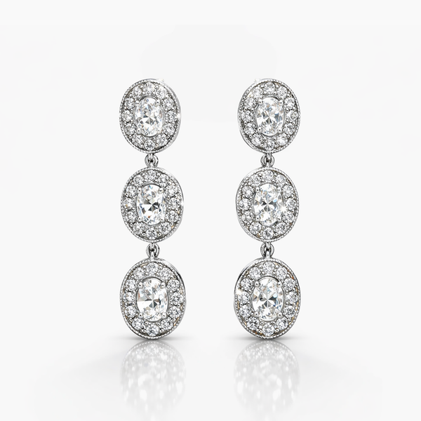 Bông tai kim cương nuôi cấy ba tầng Halo | Tổng trọng lượng 3.79 carat | Vàng trắng 18K