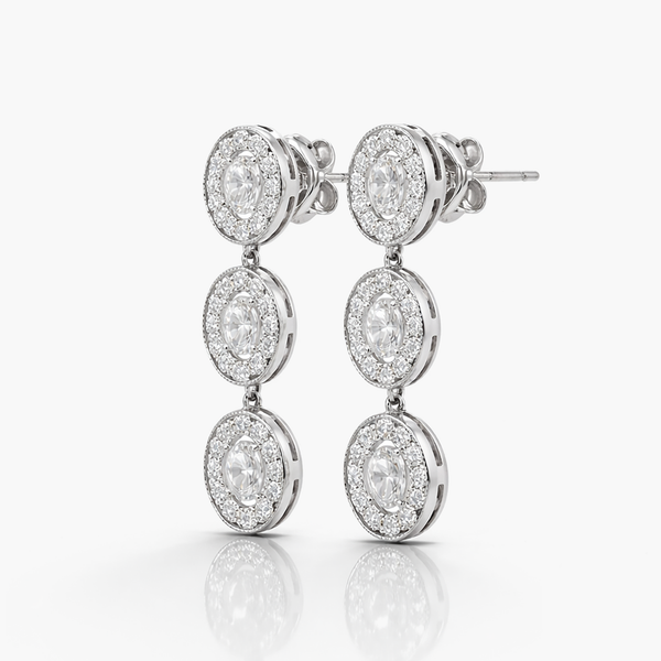 Bông tai kim cương nuôi cấy ba tầng Halo | Tổng trọng lượng 3.79 carat | Vàng trắng 18K