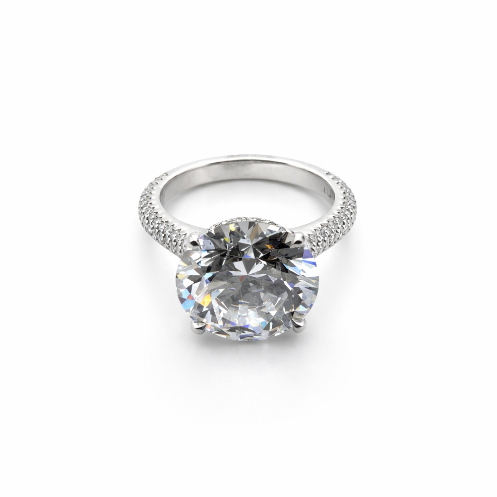 Round 11.77 CT Lab Grown Diamond Ring in Platinum With .52 CT Round Pave Diamonds