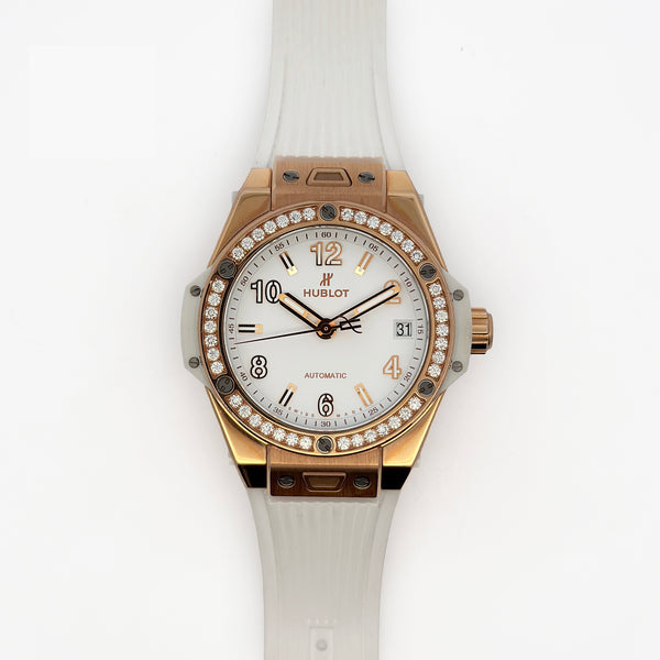 Hublot Big Bang 39mm 18K Rose Gold Diamond Bezel White Rubber Strap Watch