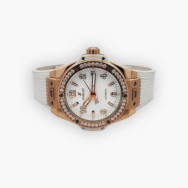 Hublot Big Bang 39mm 18K Rose Gold Diamond Bezel White Rubber Strap Watch