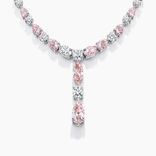 Vòng cổ đính kim cương giọt nước Pear màu hồng và kim cương tròn nuôi cấy trong vàng trắng 14K (Tổng trọng lượng 23,28 CT)