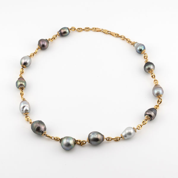 Tahitian Baroque Pearl Station Necklace in 14K Yellow Gold, 18.5