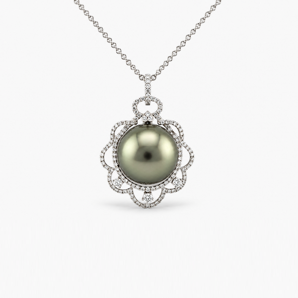 Black Pearl and Diamond Floral Halo Pendant Necklace in 18K White Gold