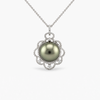 Black Pearl and Diamond Floral Halo Pendant Necklace in 18K White Gold