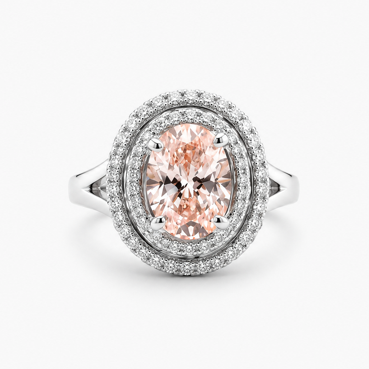 Oval Lab Grown Fancy Intense Pink Diamond Double Halo Split Shank Ring in 18K White Gold