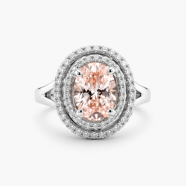 Oval Lab Grown Fancy Intense Pink Diamond Double Halo Split Shank Ring in 18K White Gold
