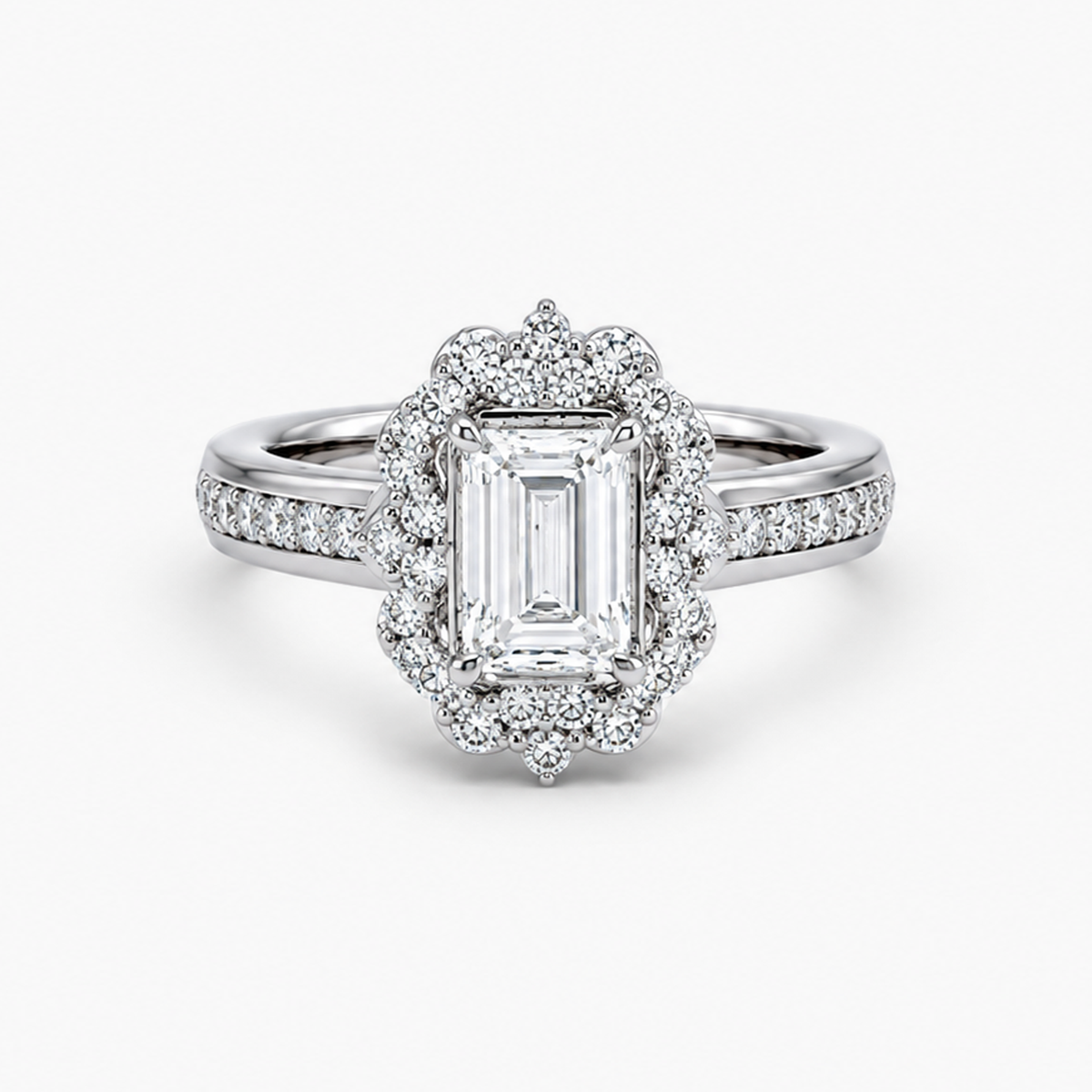 Lab-Grown Diamond Emerald Cut Halo Engagement Ring in Platinum