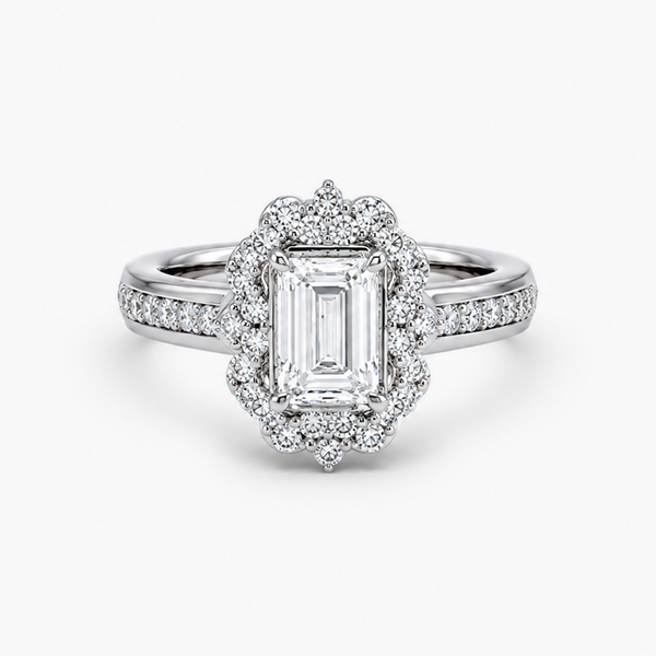 Lab-Grown Diamond Emerald Cut Halo Engagement Ring in Platinum