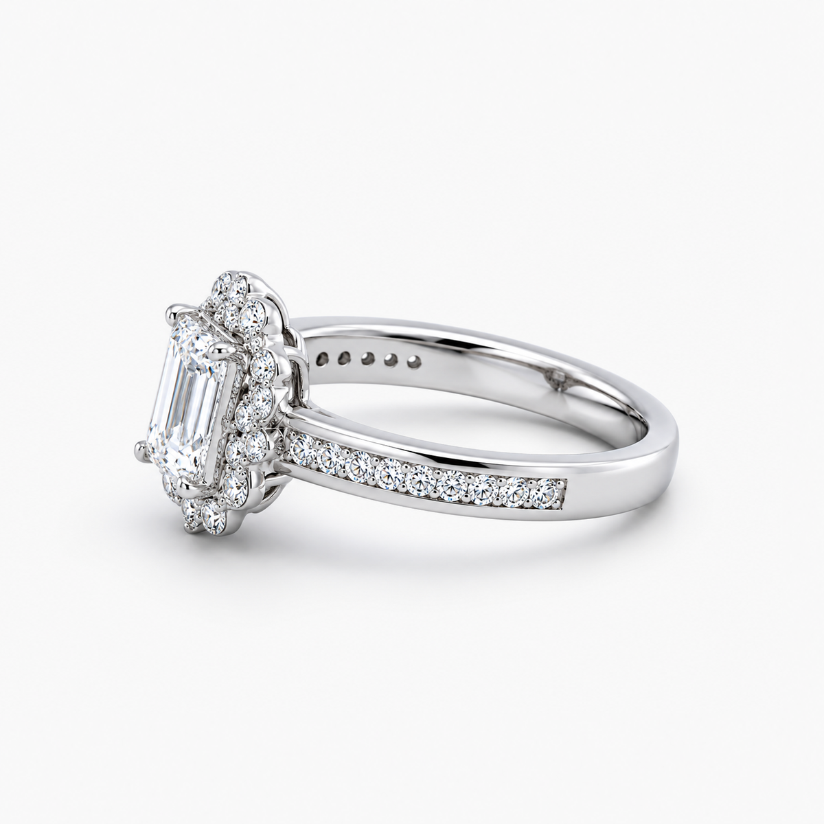 Lab-Grown Diamond Emerald Cut Halo Engagement Ring in Platinum