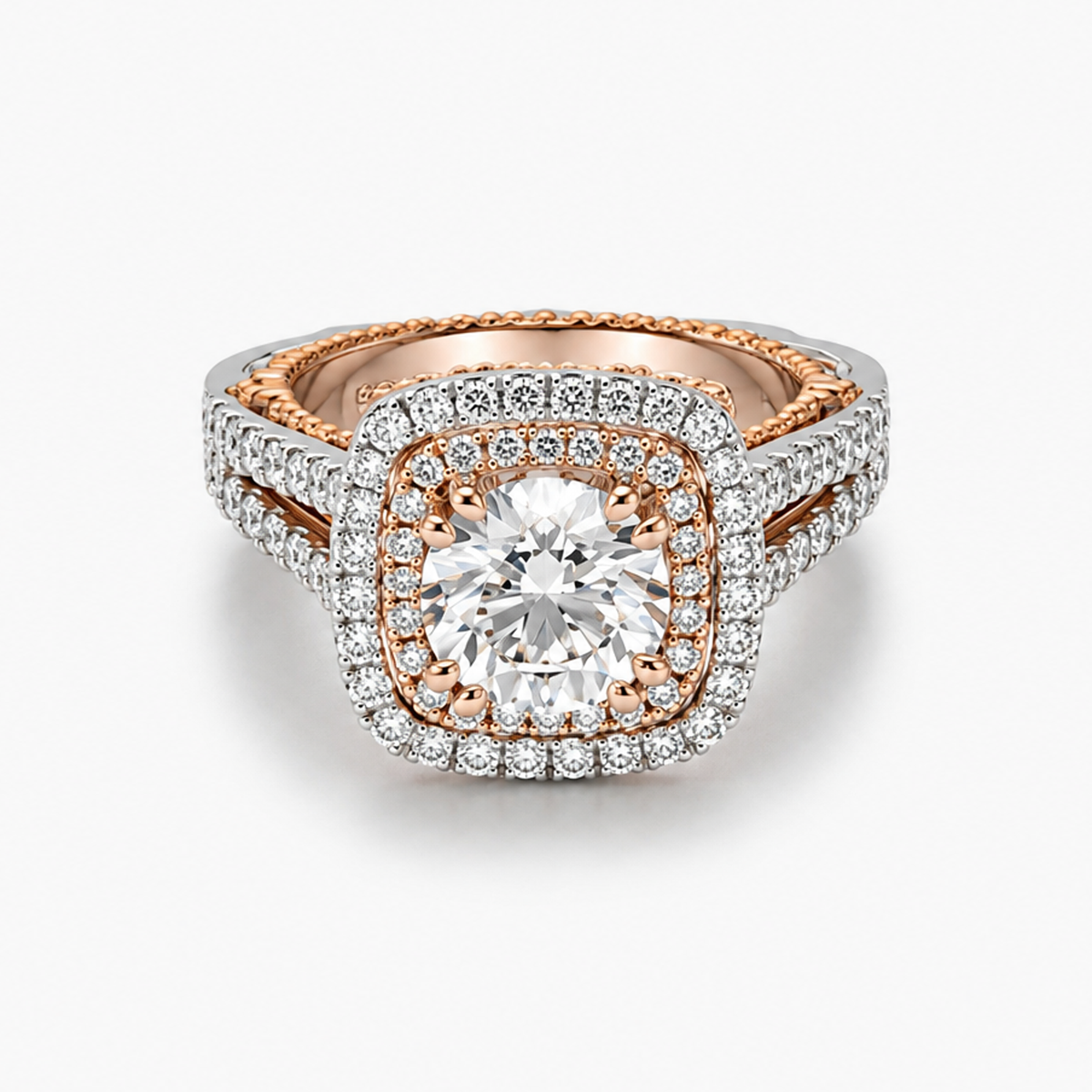 Nhẫn Đính Hôn Hai Tông Màu Vàng Hồng 14K và Bạch Kim Đính Kim Cương Tròn Hai Viền Halo