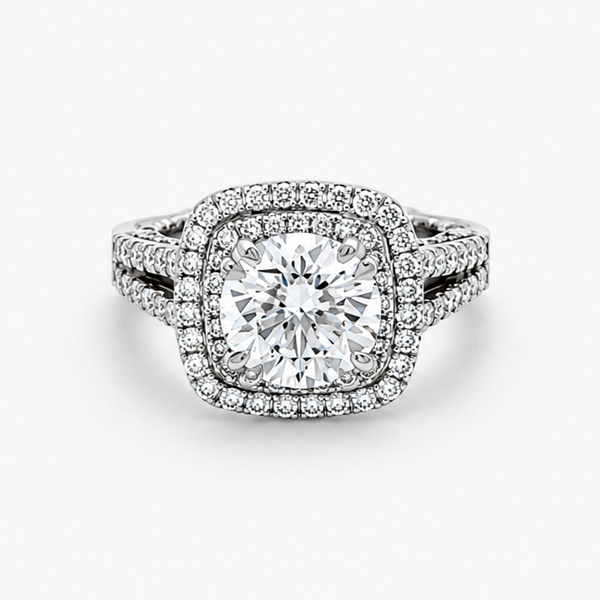 Round Diamond Double Halo Engagement Ring in Platinum