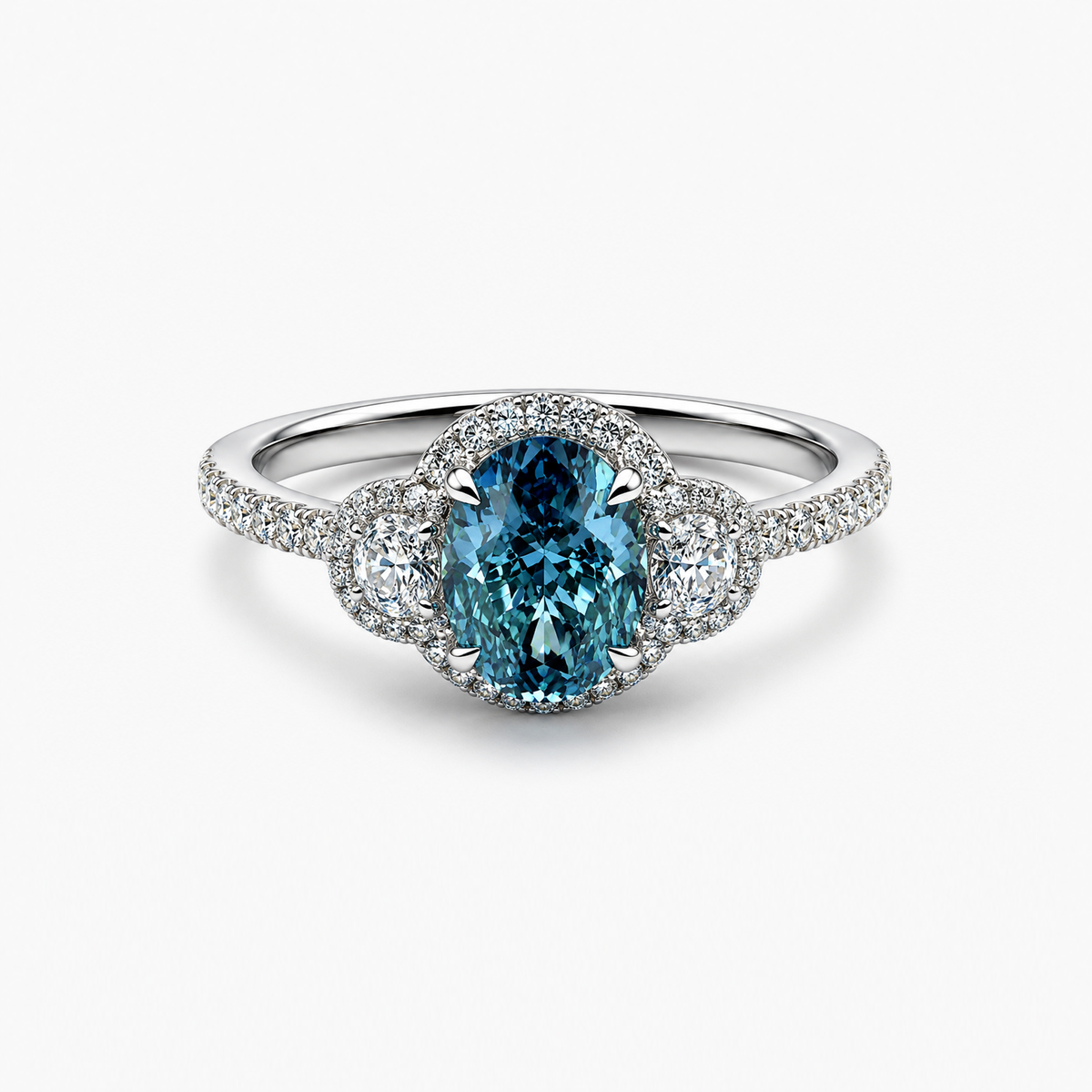 Oval Fancy Vivid Blue Lab Diamond Three-Stone Halo Ring in 18K White Gold