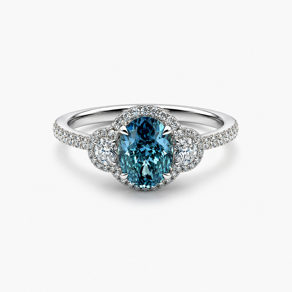 Oval Fancy Vivid Blue Lab Diamond Three-Stone Halo Ring in 18K White Gold