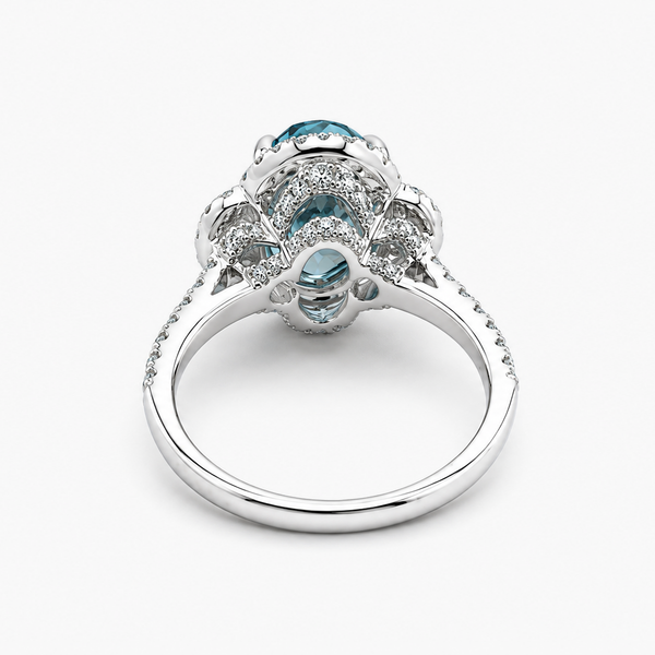 Oval Fancy Vivid Blue Lab Diamond Three-Stone Halo Ring in 18K White Gold