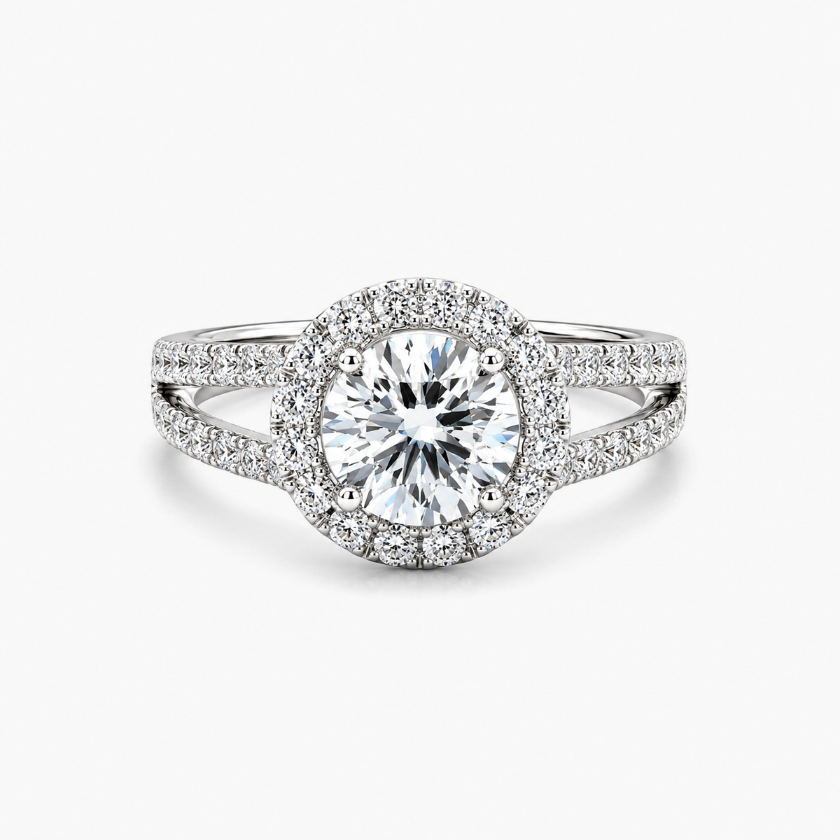 Lab Grown Round Diamond Halo Engagement Ring | 2.17 CT D/VVS1 | Split Shank | 18K White Gold