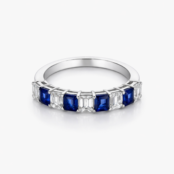 Lab-Grown Diamond & Blue Sapphire Alternating Emerald-Cut Band in 14K White Gold
