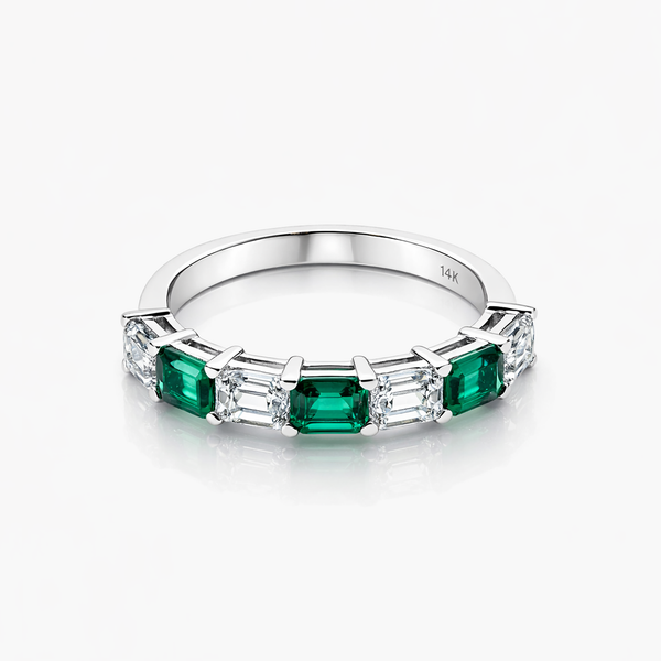 Lab-Grown Diamond & Lab Emerald Alternating Band Ring in 14K White Gold — 1.00 CTW Diamond, 0.70 CTW Emerald | Size 7