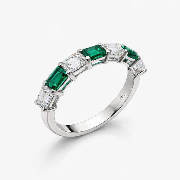 Lab-Grown Diamond & Lab Emerald Alternating Band Ring in 14K White Gold — 1.00 CTW Diamond, 0.70 CTW Emerald | Size 7