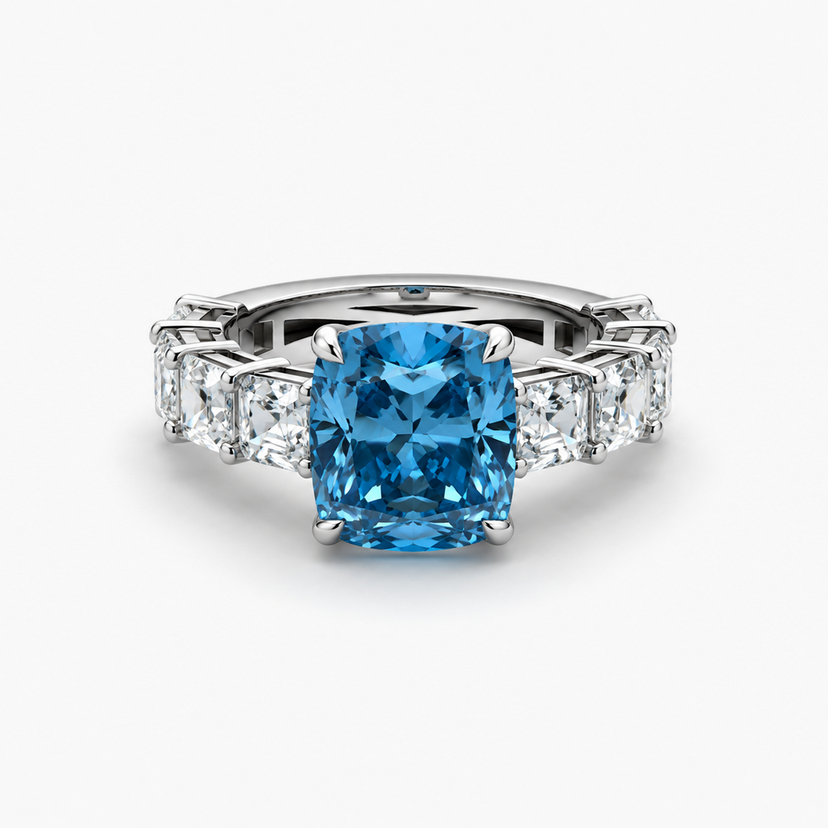 Cushion Cut Lab Grown Blue Diamond Ring with Asscher Cut Side Stones in Platinum