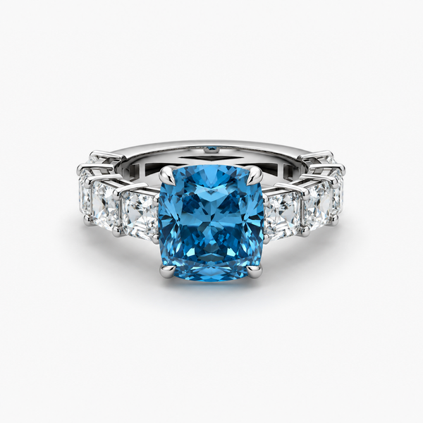 Cushion Cut Lab Grown Blue Diamond Ring with Asscher Cut Side Stones in Platinum