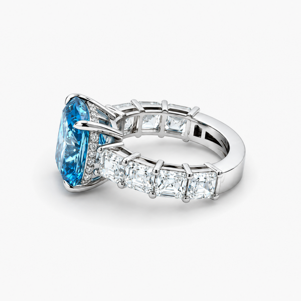 Cushion Cut Lab Grown Blue Diamond Ring with Asscher Cut Side Stones in Platinum