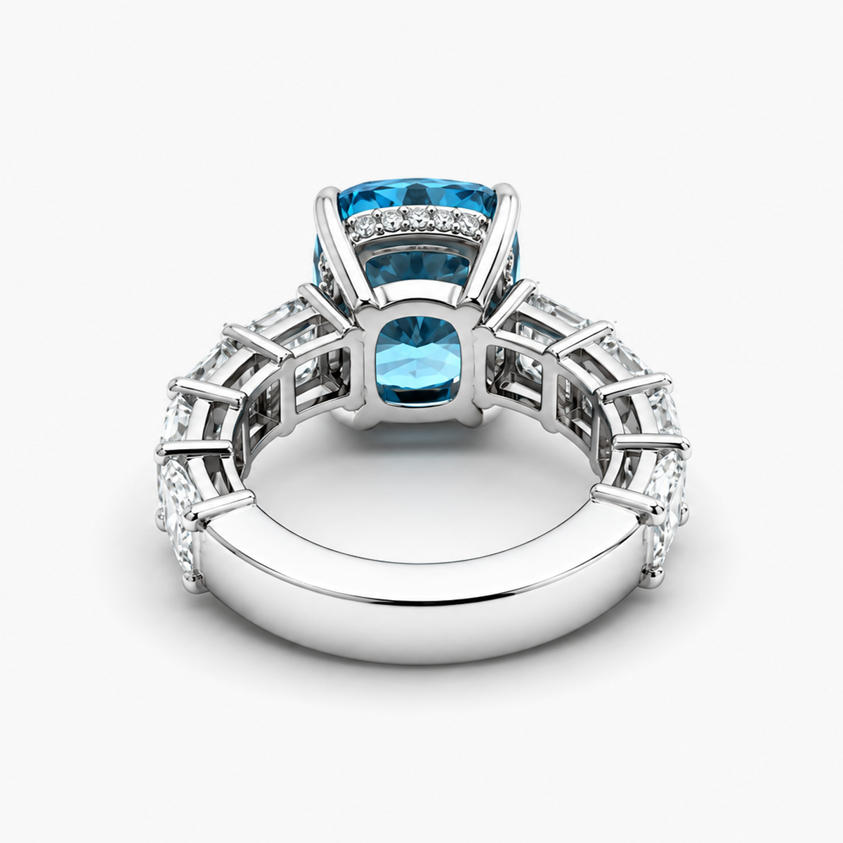 Cushion Cut Lab Grown Blue Diamond Ring with Asscher Cut Side Stones in Platinum
