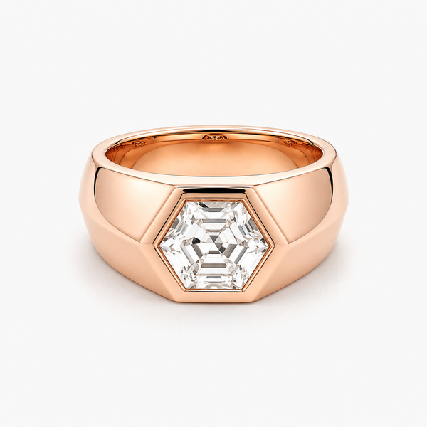 3.06 CT Hexagon Cut Diamond Signet Ring, 14K Rose Gold