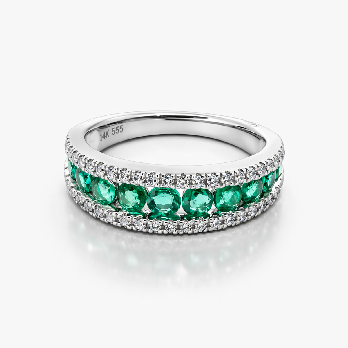 14K White Gold Lab-Grown Emerald & Diamond Band Ring | 0.81 CTW Emerald, 0.31 CTW Diamond | Size 6.5