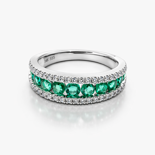 14K White Gold Lab-Grown Emerald & Diamond Band Ring | 0.81 CTW Emerald, 0.31 CTW Diamond | Size 6.5