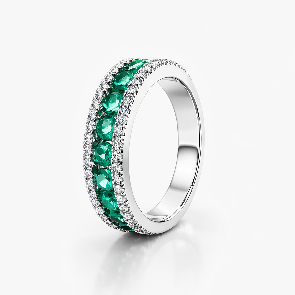 14K White Gold Lab-Grown Emerald & Diamond Band Ring | 0.81 CTW Emerald, 0.31 CTW Diamond | Size 6.5