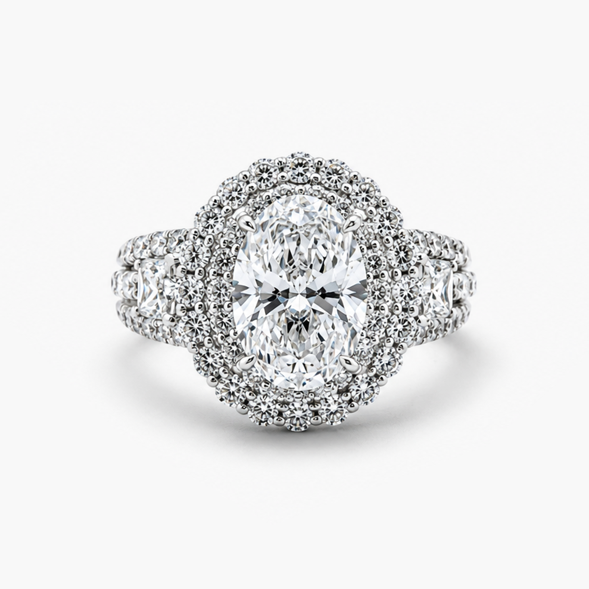 Lab Grown Oval Diamond Double Halo Engagement Ring | 3.42 ct D/VVS2 | 18K White Gold