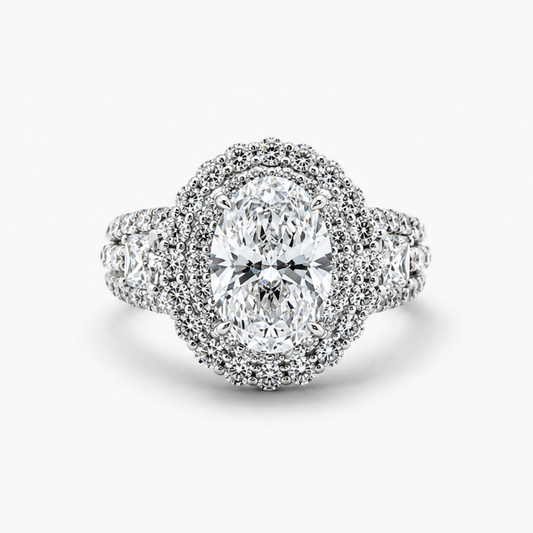 Lab Grown Oval Diamond Double Halo Engagement Ring | 3.42 ct D/VVS2 | 18K White Gold
