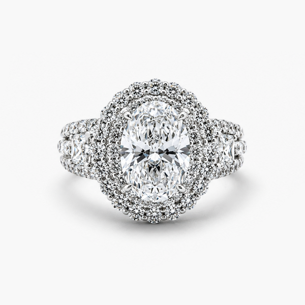 Lab Grown Oval Diamond Double Halo Engagement Ring | 3.42 ct D/VVS2 | 18K White Gold