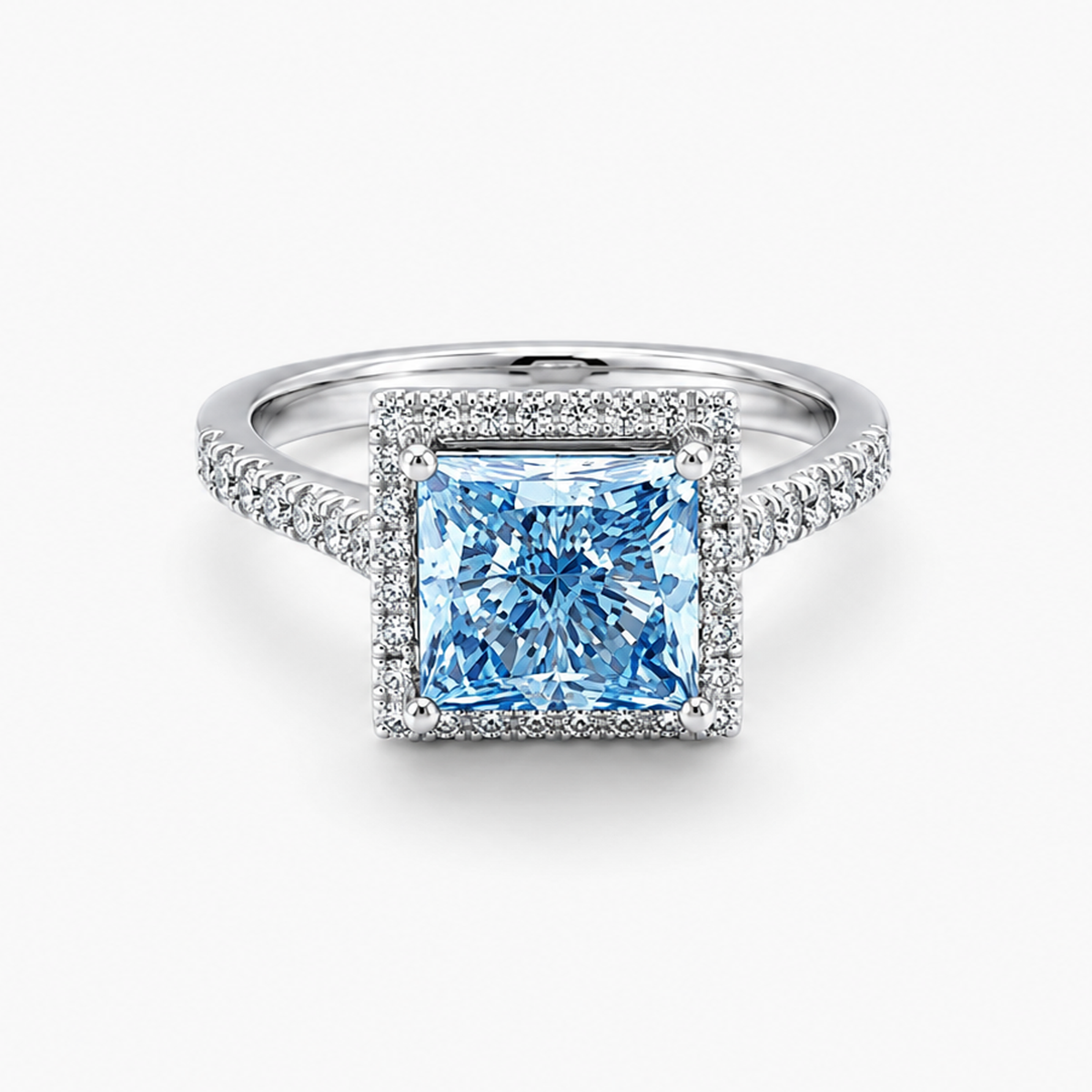 Lab-Grown Fancy Vivid Blue Princess-Cut Diamond Halo Ring in 18K White Gold