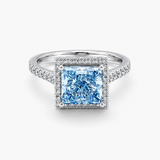 Nhẫn Halo Kim Cương Xanh Vivid Hình Vuông Công Chúa Trồng Trong Phòng Thí Nghiệm Vàng Trắng 18K