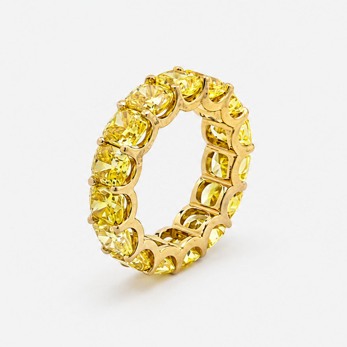 Fancy Yellow Cushion Cut Lab Grown Diamond Eternity Band in 18K Yellow Gold