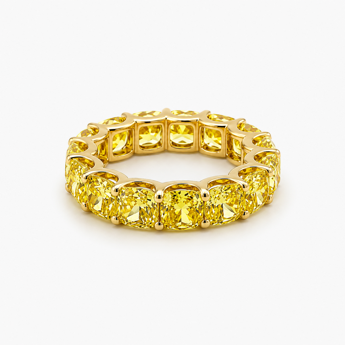 Fancy Yellow Cushion Cut Lab Grown Diamond Eternity Band in 18K Yellow Gold