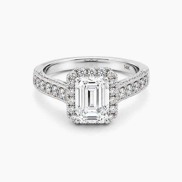 Emerald Cut Lab Grown Diamond Halo Engagement Ring in 14K White Gold | 2.15CT D/VVS2 IGI