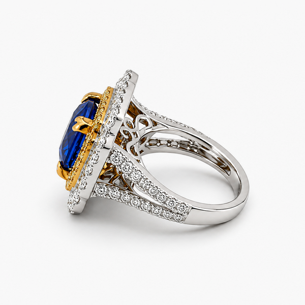 Tanzanite and Diamond Double Halo Ring in 18K White and Yellow Gold