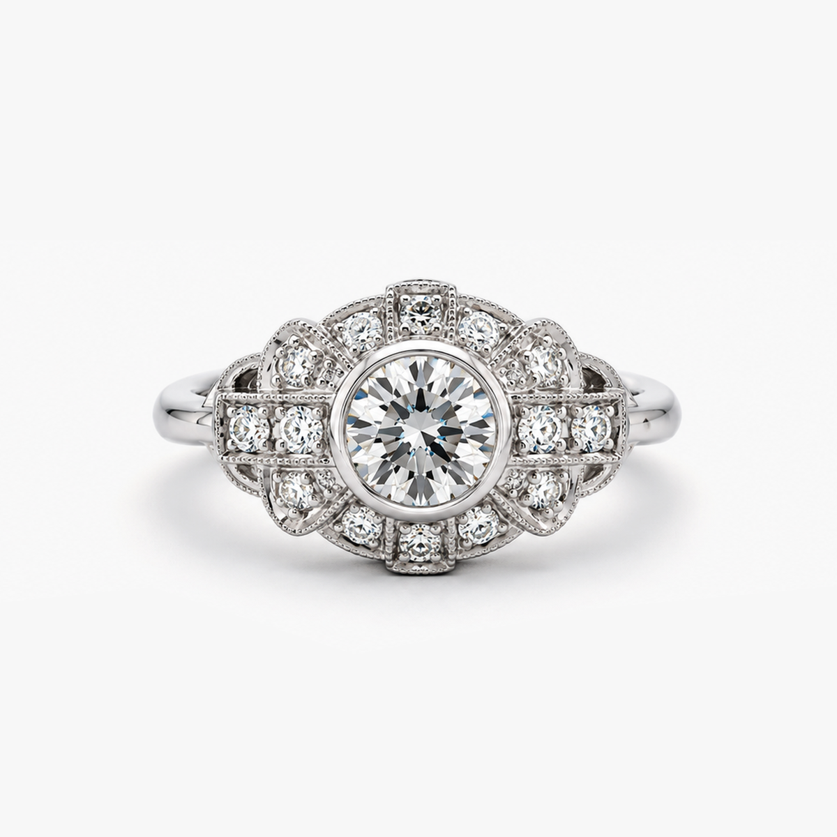 Vintage-Inspired Round Natural Diamond Ring with Bezel-Set Center and Milgrain Halo in 18K White Gold (1.30 CTW)