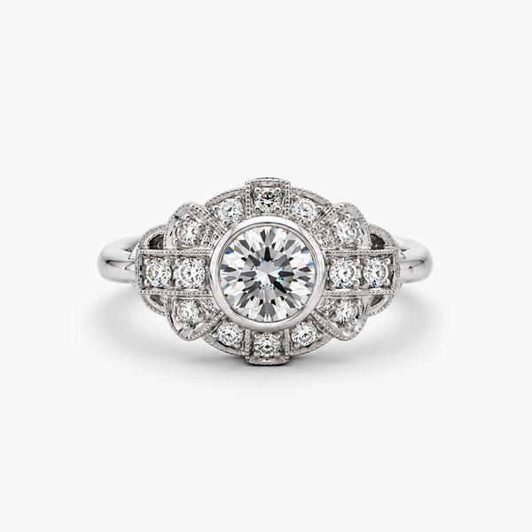 Vintage-Inspired Round Natural Diamond Ring with Bezel-Set Center and Milgrain Halo in 18K White Gold (1.30 CTW)