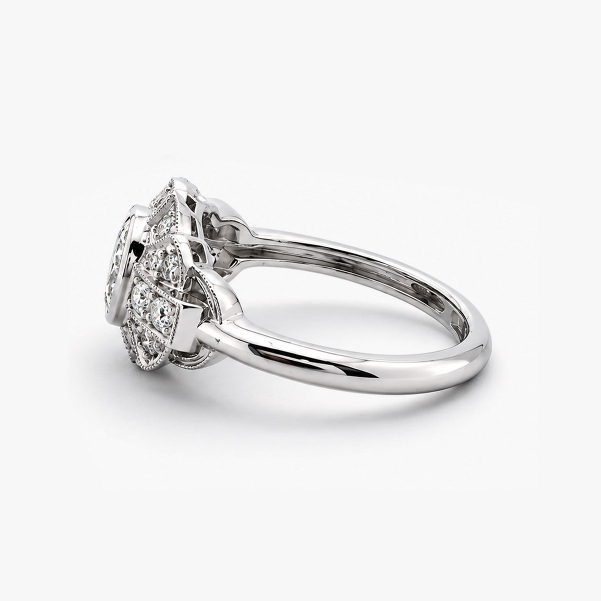 Vintage-Inspired Round Natural Diamond Ring with Bezel-Set Center and Milgrain Halo in 18K White Gold (1.30 CTW)