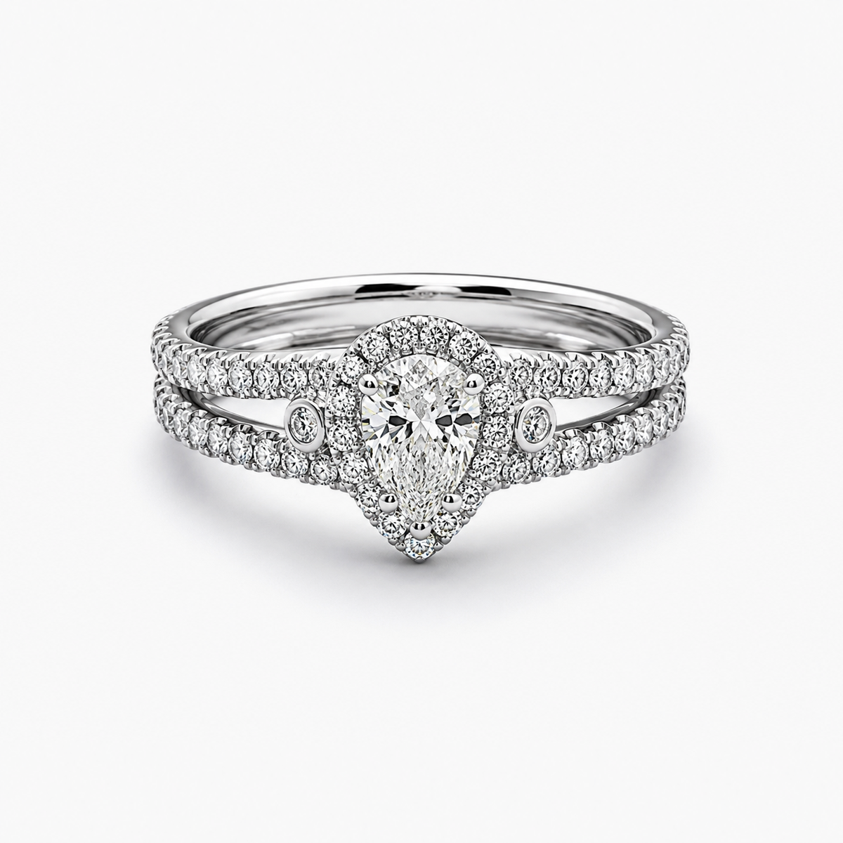 Pear-Cut Natural Diamond Halo Ring with Pavé Shank in 18K White Gold