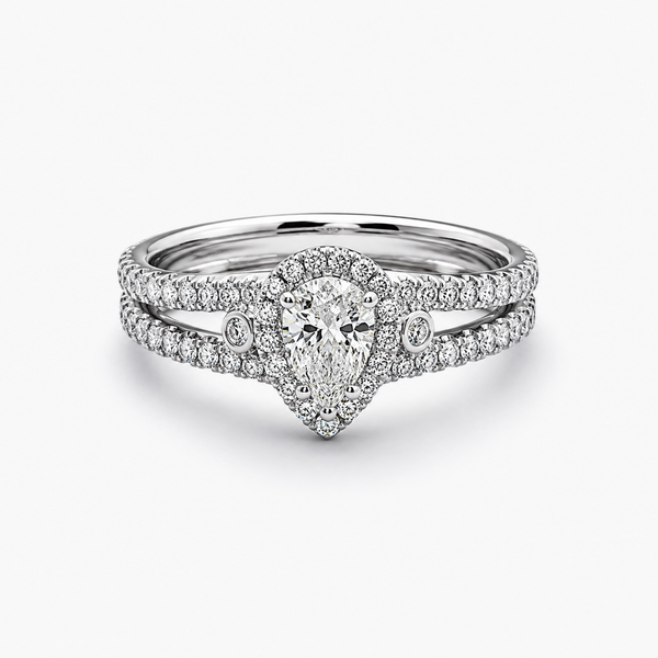 Pear-Cut Natural Diamond Halo Ring with Pavé Shank in 18K White Gold
