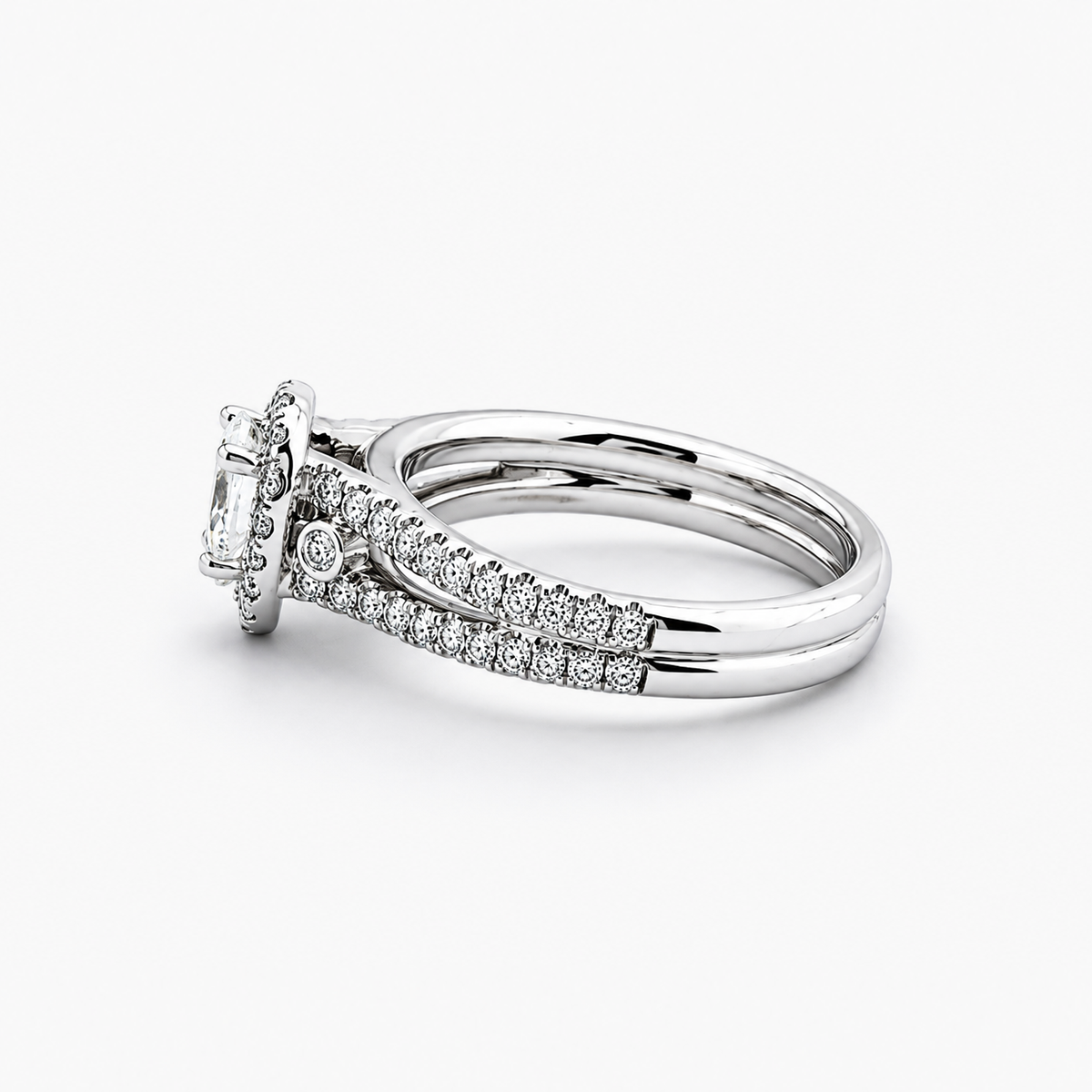 Pear-Cut Natural Diamond Halo Ring with Pavé Shank in 18K White Gold