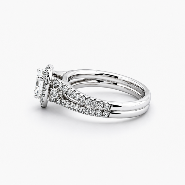 Pear-Cut Natural Diamond Halo Ring with Pavé Shank in 18K White Gold