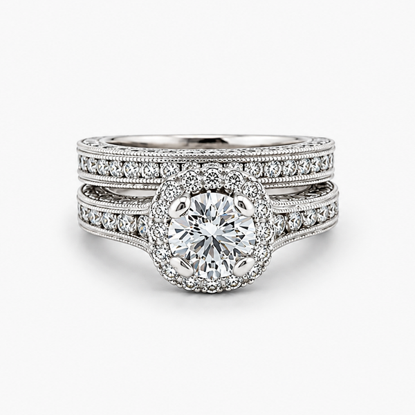 Vintage Floral Halo Natural Diamond Bridal Set in 14K White Gold (1.92 CTW)