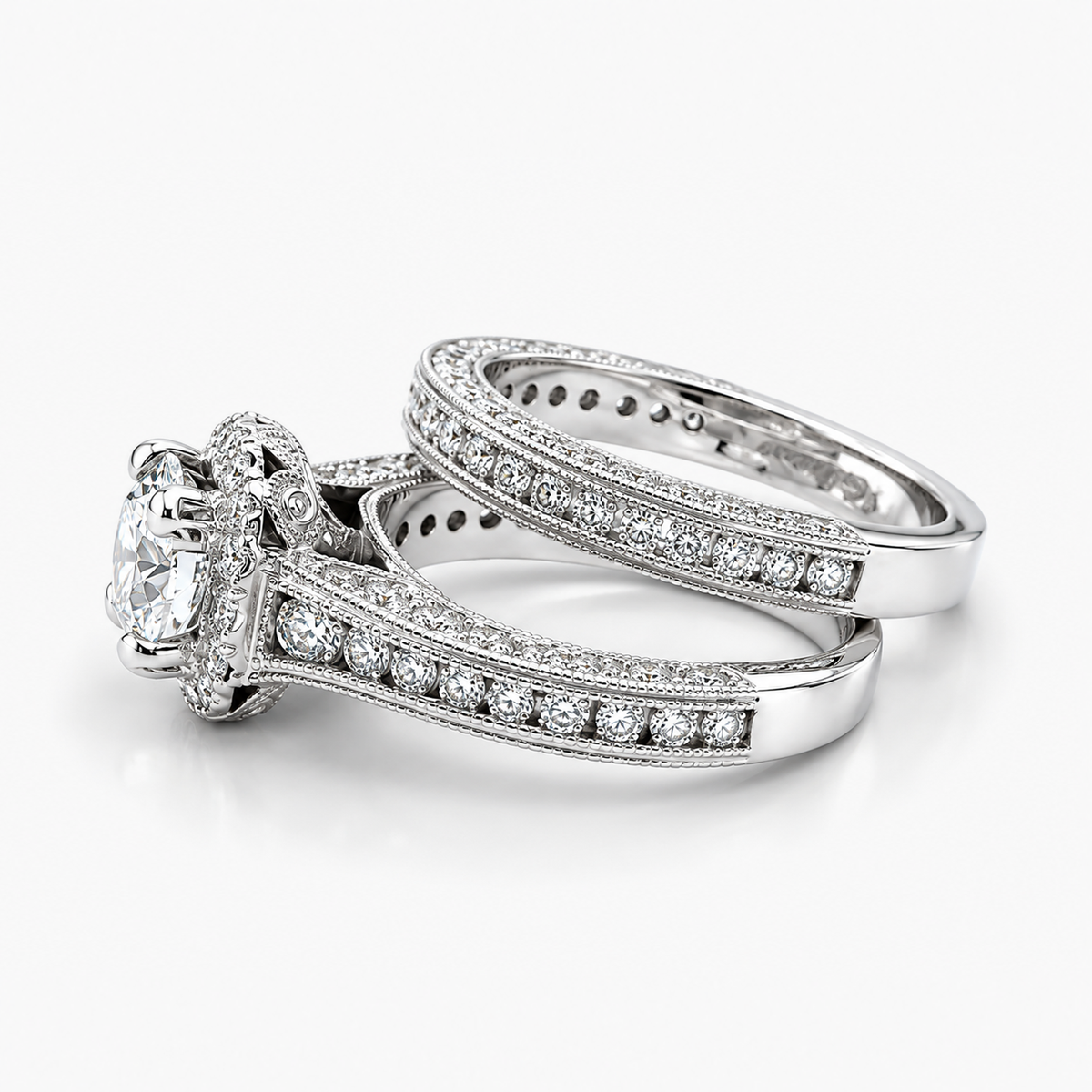 Vintage Floral Halo Natural Diamond Bridal Set in 14K White Gold (1.92 CTW)