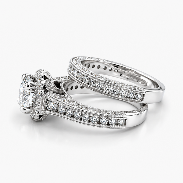Vintage Floral Halo Natural Diamond Bridal Set in 14K White Gold (1.92 CTW)